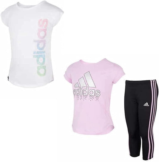 adidas Little Girl's 3 Piece Active Clothing Set, 2 Short Sleeve Shirts, 1 Capri Legging
