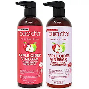 PURA D'OR Apple Cider Vinegar Thin2Thick Set (16oz x 2) ACV Shampoo & Conditioner, Clarifying, Detox - Biotin, Keratin, Caffeine, Castor Oil, Aloe - All Hair Types, Men & Women (Packaging may vary