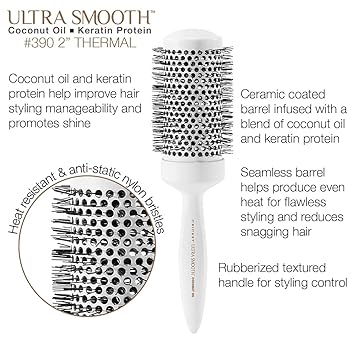 Cricket Ultra Smooth Coconut 2” Thermal Ceramic Barrel Hair Brush Anti-Static Heat-Resistant Hairbrush for Blow Drying, Curling and Styling All Hair Type White