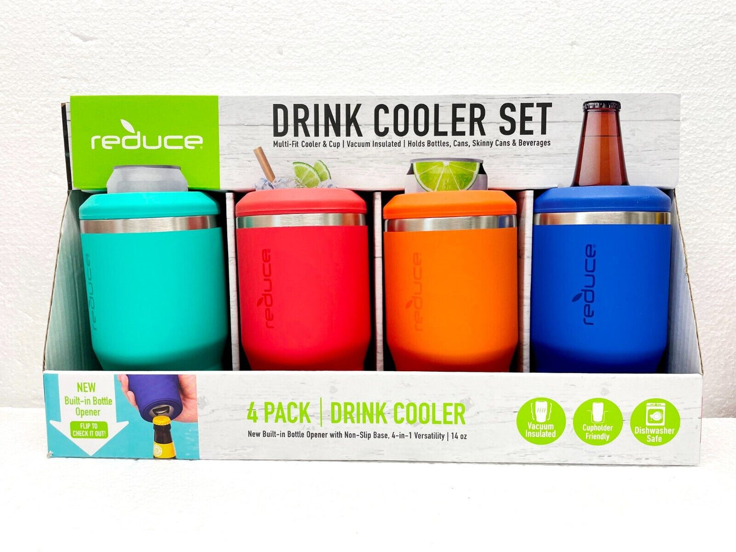 REDUCE 4 in 1 Multi-Use Drink Cooler 14 oz Vacuum Insulated W Built In Opener