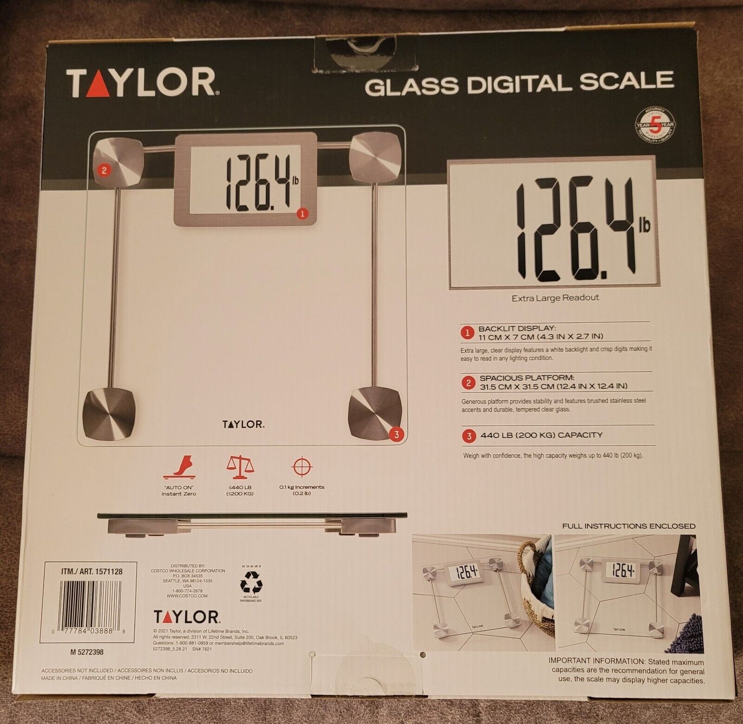 Taylor Digital Glass Bathroom Scale with Backlit Display 440lb 200kg capacity