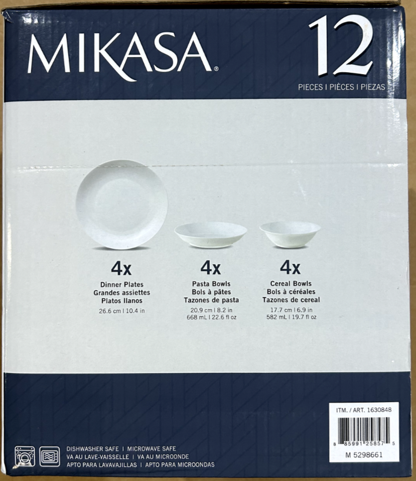 Mikasa ASPEN 12 Piece Dinnerware Set Service for 4 Porcelain White Plates/Bowls