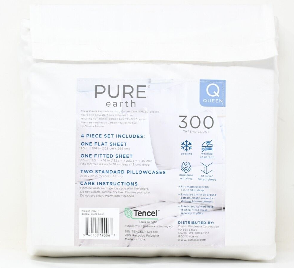 Pure Earth 300 Thread Count Tencel Blend 4 Piece Queen Sheet Set White