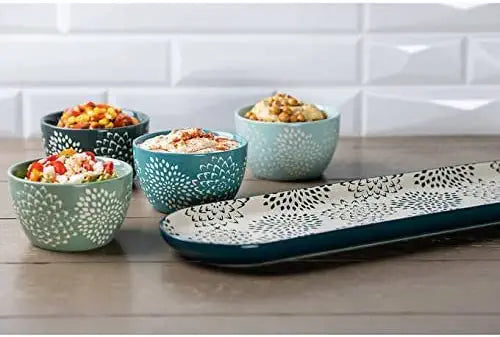 Baum Mums Ceramic Serve 5-piece Serve Set (1) Tray & (4) Bowls Blue Floral Appetizer Serving Bowls Set