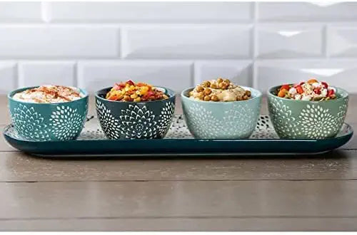 Baum Mums Ceramic Serve 5-piece Serve Set (1) Tray & (4) Bowls Blue Floral Appetizer Serving Bowls Set