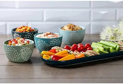 Baum Mums Ceramic Serve 5-piece Serve Set (1) Tray & (4) Bowls Blue Floral Appetizer Serving Bowls Set